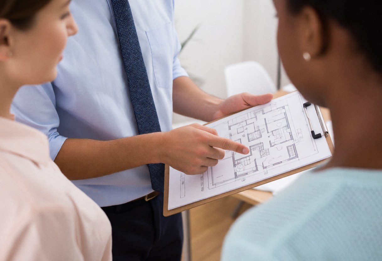 An advisor displays architectural blueprints to two attentive clients in a modern office, pointing out details during a professional team meeting.