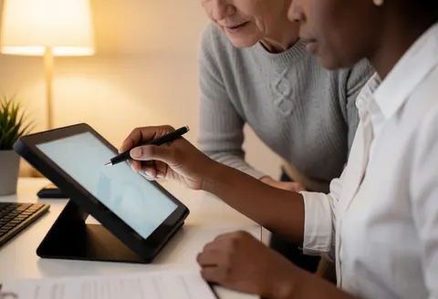 An instructor demonstrates how to use a tablet with a stylus to a client at a home desk with warm lighting and plants.
