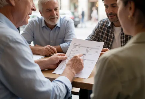 A recruiter and client review a document at a cafe table with natural light in a professional meeting