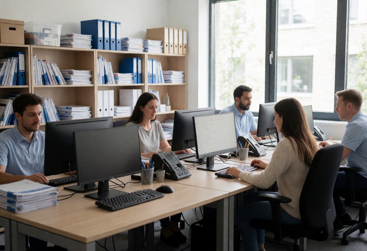 A collaborative team working together at desks in a bright, modern office with computers and office supplies