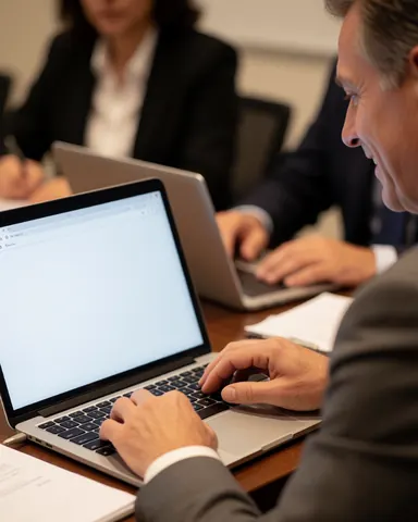 A smiling man works on a laptop during a software meeting with other professionals in a modern office background.