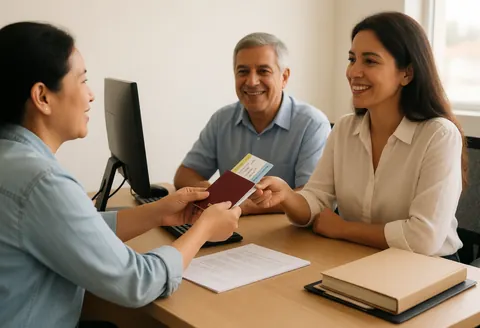 Smiling travel agent hands a passport and tickets to two clients at a desk with a computer and documents under warm natural light.
