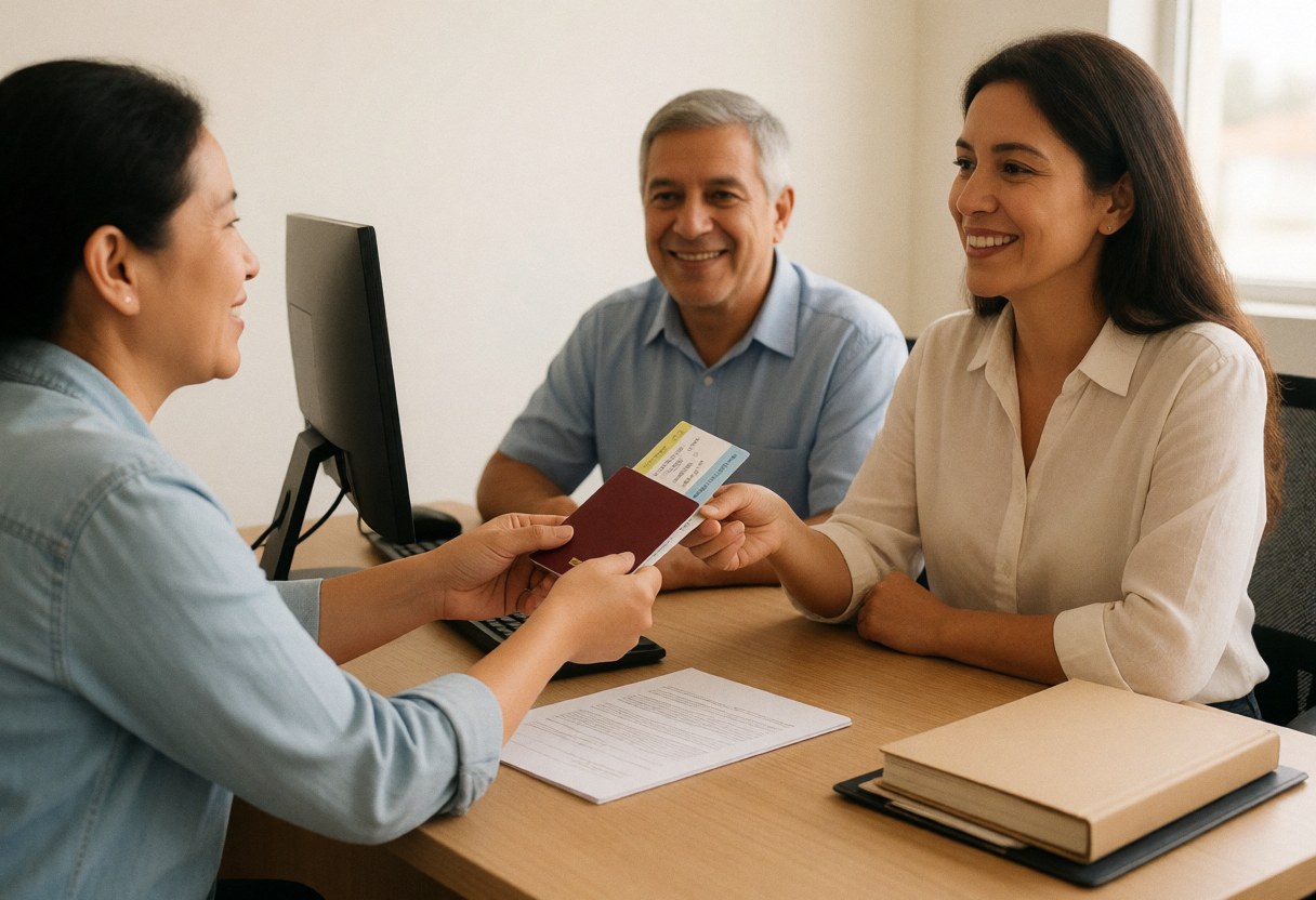 Smiling travel agent hands a passport and tickets to two clients at a desk with a computer and documents under warm natural light.