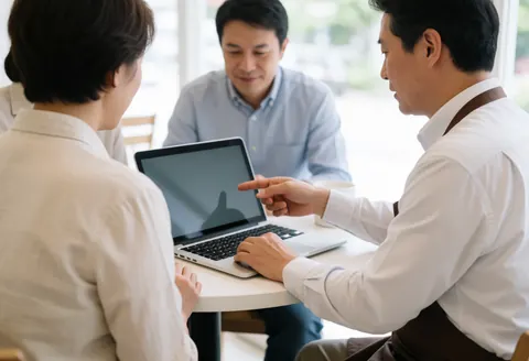 Instructor and two students review work on a laptop in a relaxed cafe setting with natural light and visible tables and chairs