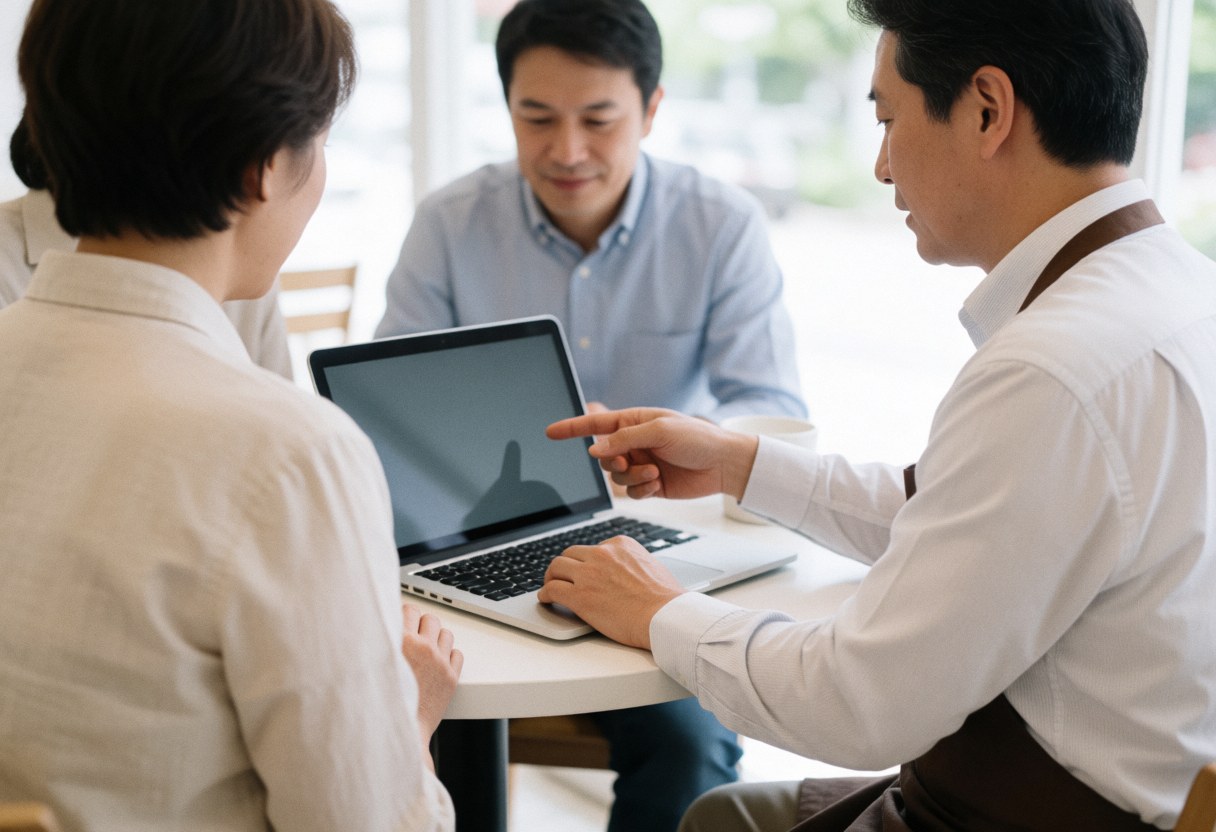 Instructor and two students review work on a laptop in a relaxed cafe setting with natural light and visible tables and chairs