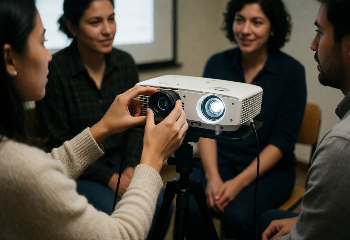 A person adjusts the lens of a projector on a tripod while others participate in a meeting. The scene shows a presentation in action in a dimly lit office with people seated in chairs.