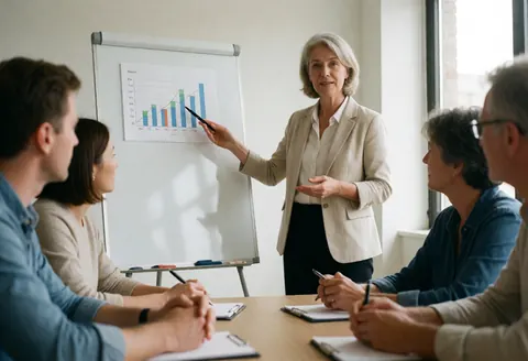 Female trainer explains a chart on a whiteboard to a group of adults seated at a conference table taking notes in a professional setting