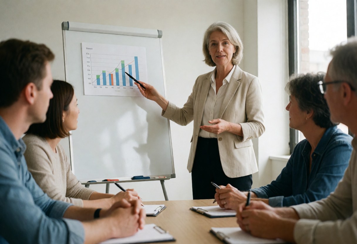Female trainer explains a chart on a whiteboard to a group of adults seated at a conference table taking notes in a professional setting