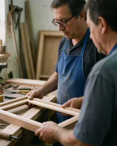 Two men collaborate in a woodworking shop, assembling a wooden frame using various tools and materials scattered around the workspace.