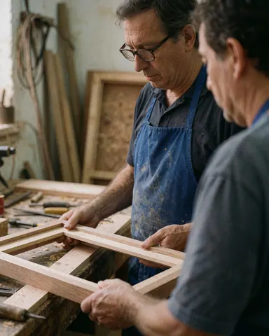 Two men collaborate in a woodworking shop, assembling a wooden frame using various tools and materials scattered around the workspace.