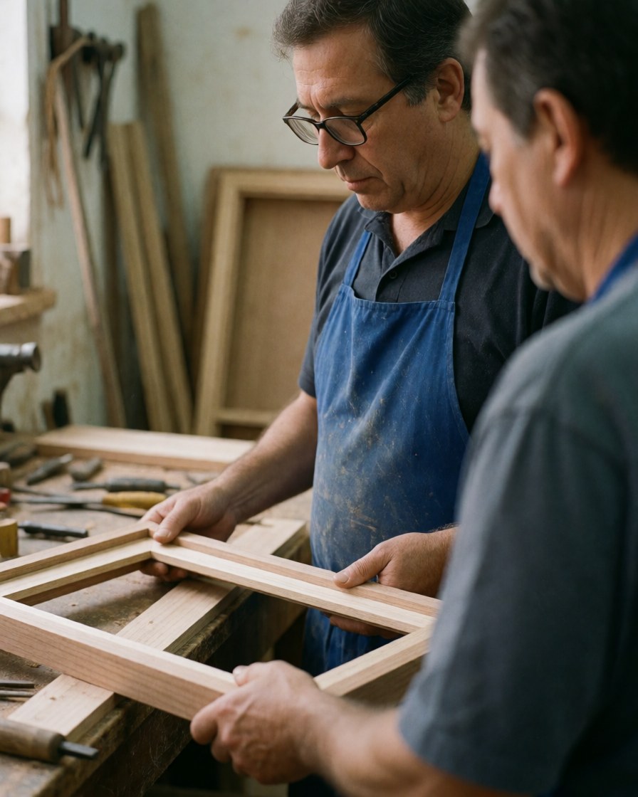 Two men collaborate in a woodworking shop, assembling a wooden frame using various tools and materials scattered around the workspace.