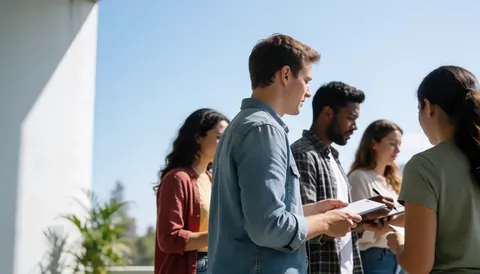 Group of university students taking notes on a modern campus under a blue sky with text space on the left