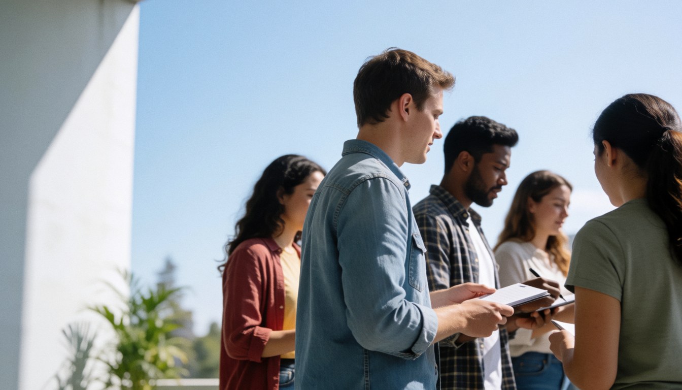 Group of university students taking notes on a modern campus under a blue sky with text space on the left