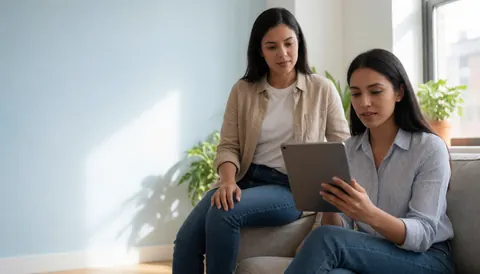A woman sitting on a sofa at home using a tablet and laptop to take online courses for her business education