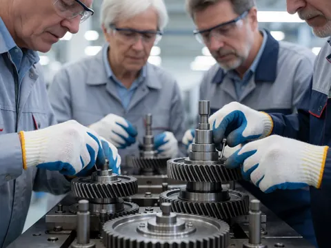 Four workers wearing gloves and safety glasses adjust metallic gears in an industrial factory setting with precision tools and machinery.
