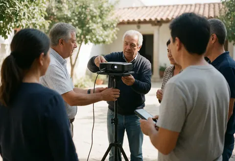 A consultant adjusts a projector in an outdoor patio while a group watches, demonstrating an active training service.