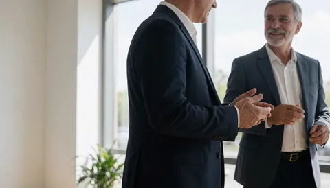 Two business men in suits and shirts conversing in a bright office corridor near windows and plants