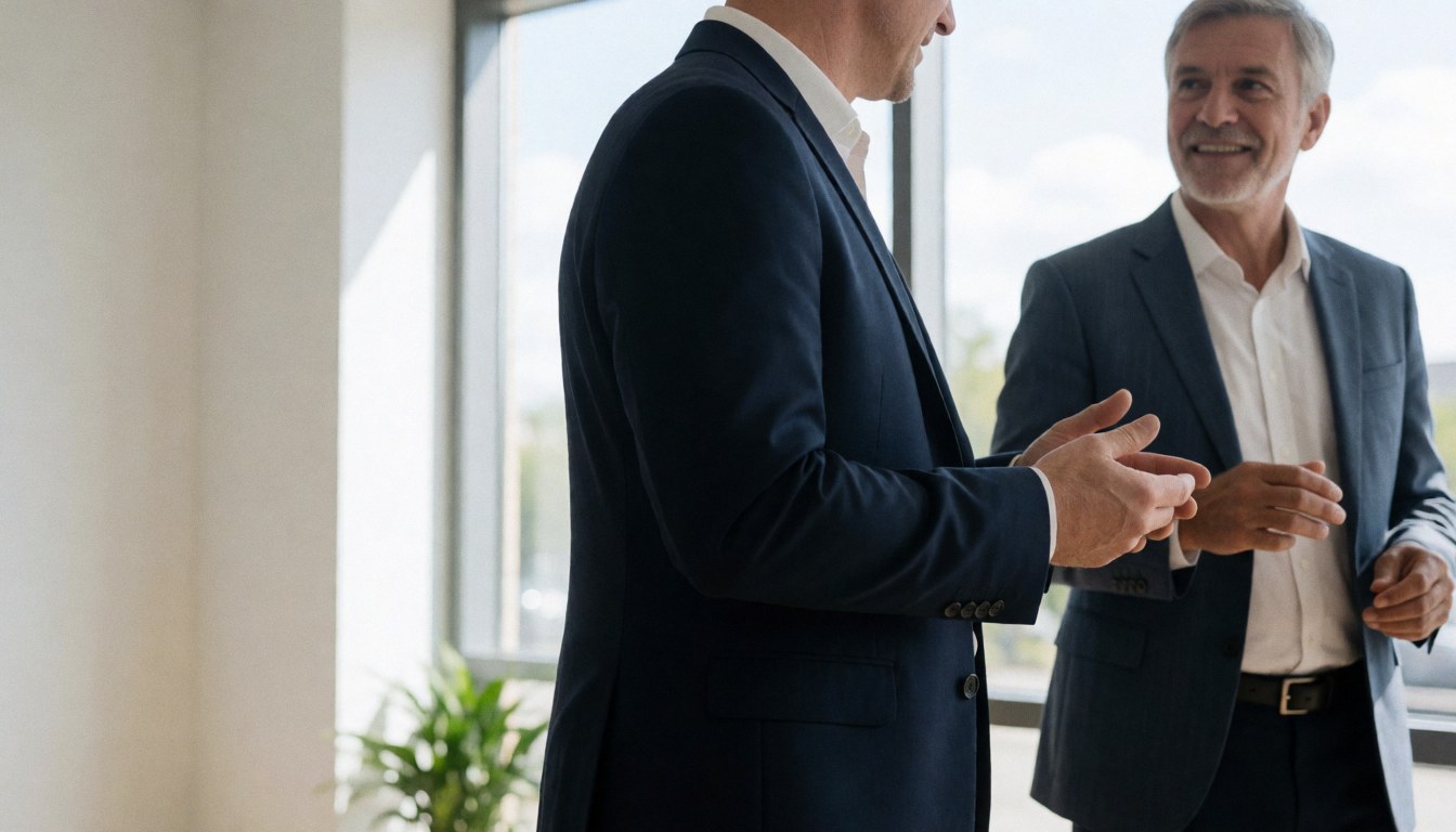 Two business men in suits and shirts conversing in a bright office corridor near windows and plants