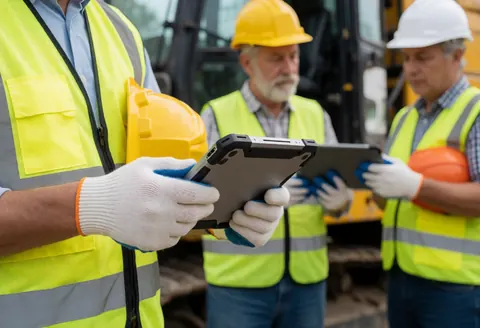 Close-up of a technician checking information on a tablet while wearing safety gear at an outdoor work site