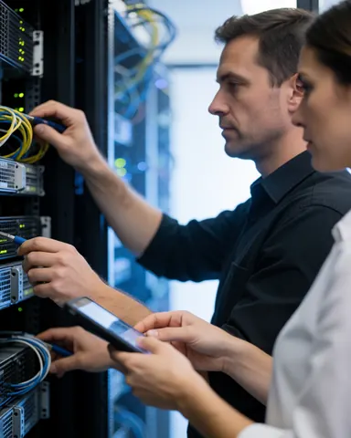A technician and a woman work together in a data center, connecting cables to servers with blue lighting and a blurred background.