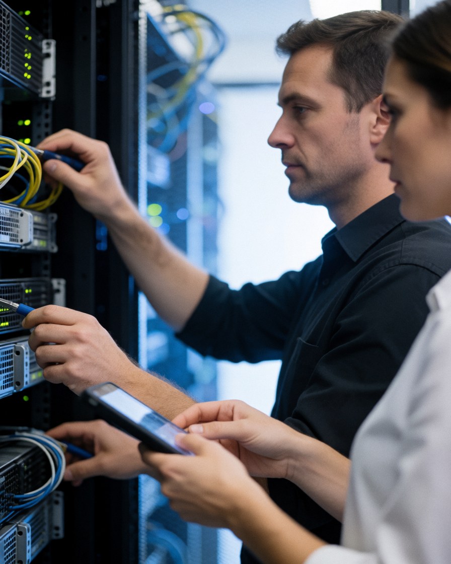 A technician and a woman work together in a data center, connecting cables to servers with blue lighting and a blurred background.