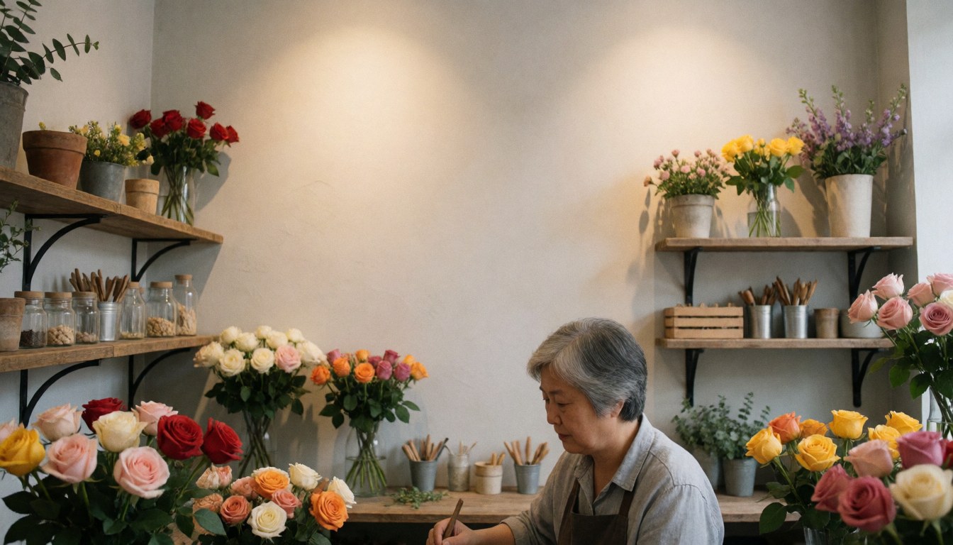 Interior view of a rustic spanish florist shop featuring wooden shelves, fresh roses, and warm lighting