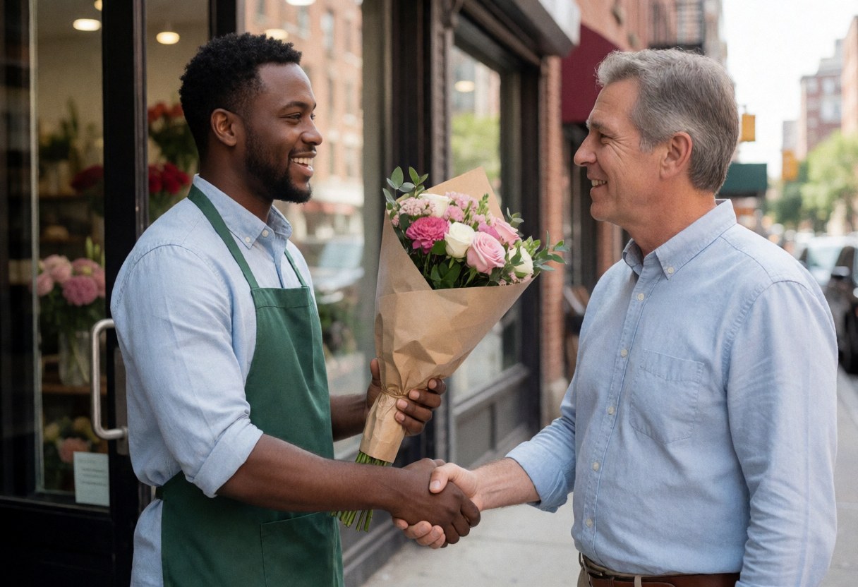 A young florist hands a flower bouquet to an older client at the flower shop entrance, both smiling and shaking hands.