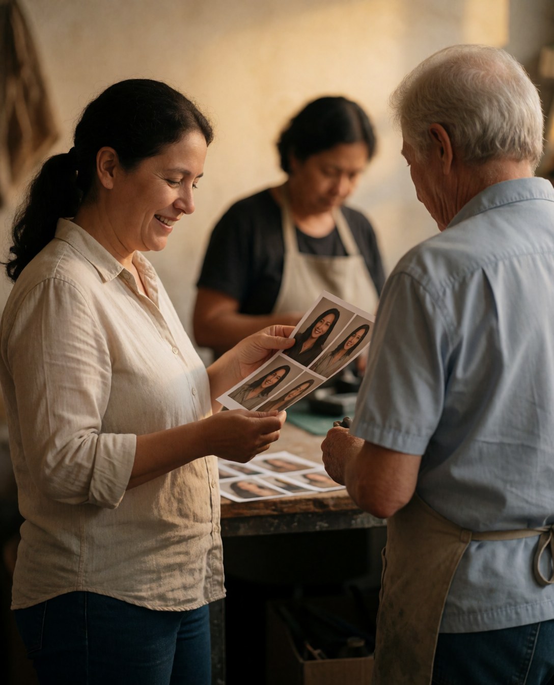 A smiling client reviews printed photos at a desk while a photographer works in the background, showing professionalism and satisfaction.