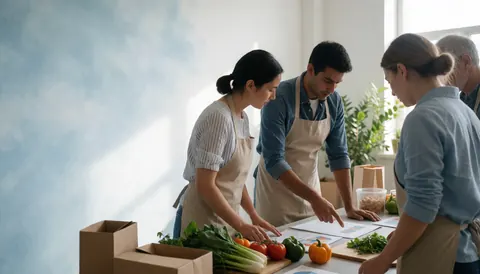 Four professionals in aprons review documents and fresh vegetables and fruits on a work table in a bright open space