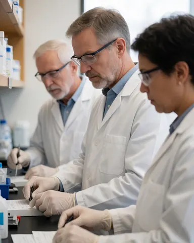 Three scientists in white coats, gloves, and safety glasses working in a clinical lab, writing results on paper at a work table.