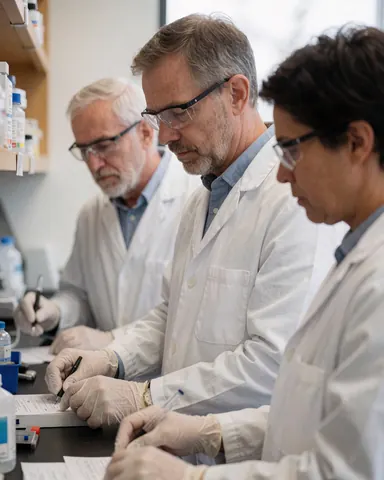 Three scientists in white coats, gloves, and safety glasses working in a clinical lab, writing results on paper at a work table.