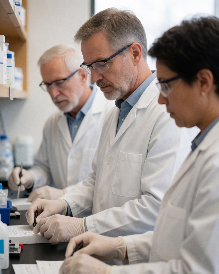 Three scientists in white coats, gloves, and safety glasses working in a clinical lab, writing results on paper at a work table.