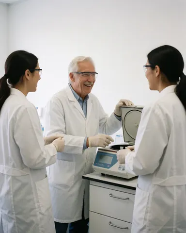 Three lab professionals in white coats and safety gear collaborate around a precision scale on a clean white table.