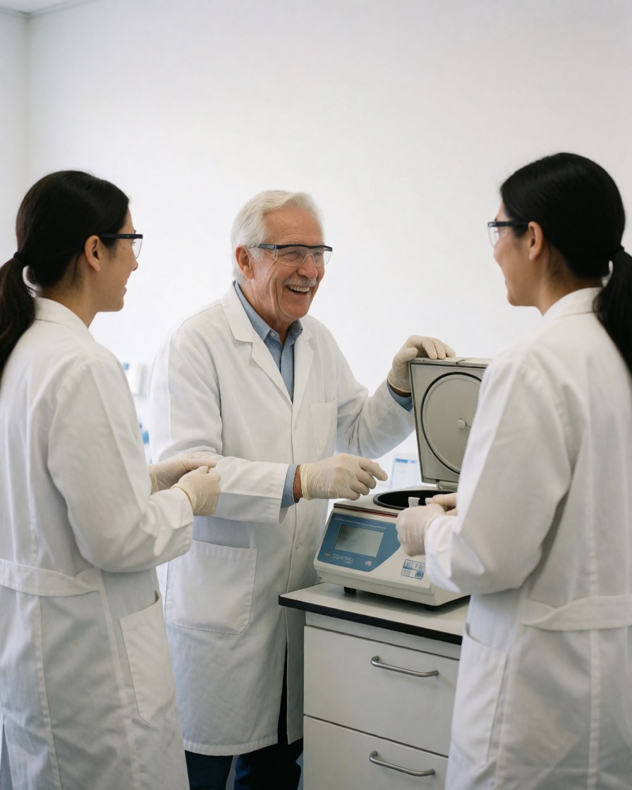 Three lab professionals in white coats and safety gear collaborate around a precision scale on a clean white table.
