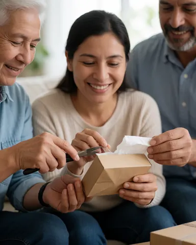 A happy man and woman opening a delivery box with scissors in a cozy living room with natural light