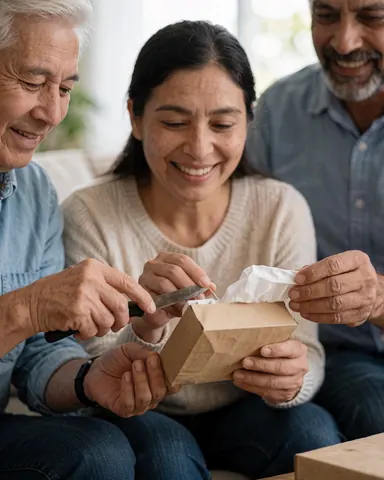A happy man and woman opening a delivery box with scissors in a cozy living room with natural light