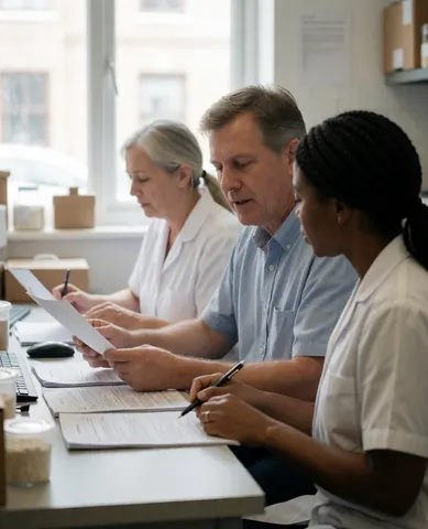 Three nutritionists review documents at a desk with a computer and phone in a bright office.