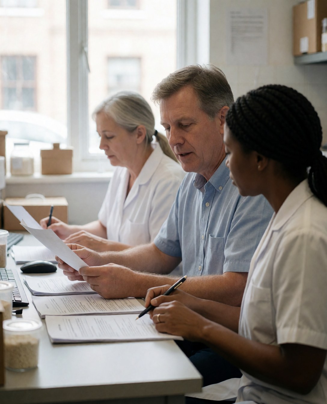 Three nutritionists review documents at a desk with a computer and phone in a bright office.