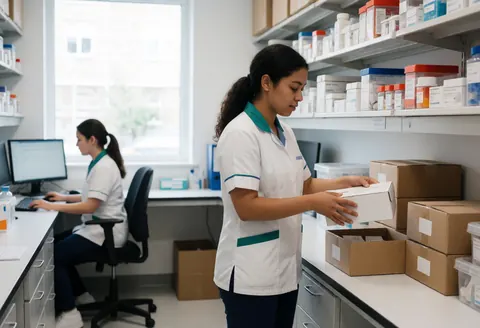 Two employees in a clinical lab, one arranging supply boxes near shelves while another works at a computer in the background.