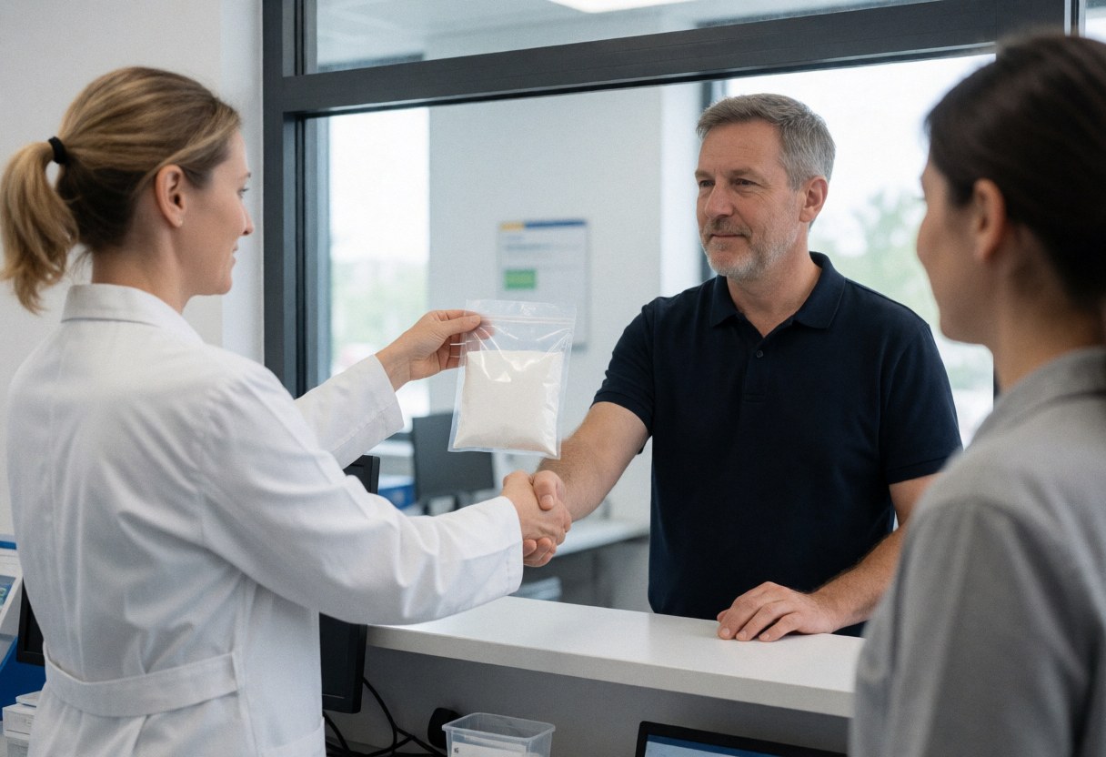 A lab technician hands a sealed sample container to a client at the reception desk in a clean, modern clinical laboratory setting.