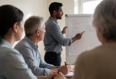 An instructor explains a concept on a whiteboard while adult attendees take notes in a bright meeting room.