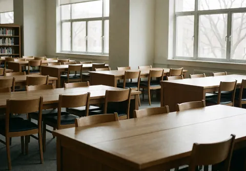 A quiet and tidy university library with wooden tables, chairs, books, and natural light from windows