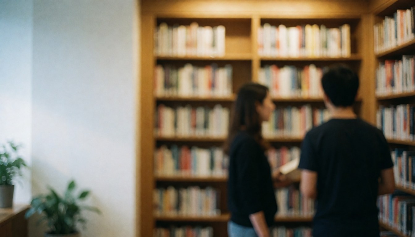 Rows of bookshelves in a library featuring warm light, white walls, and green plants, serving as a calm background for text and design.
