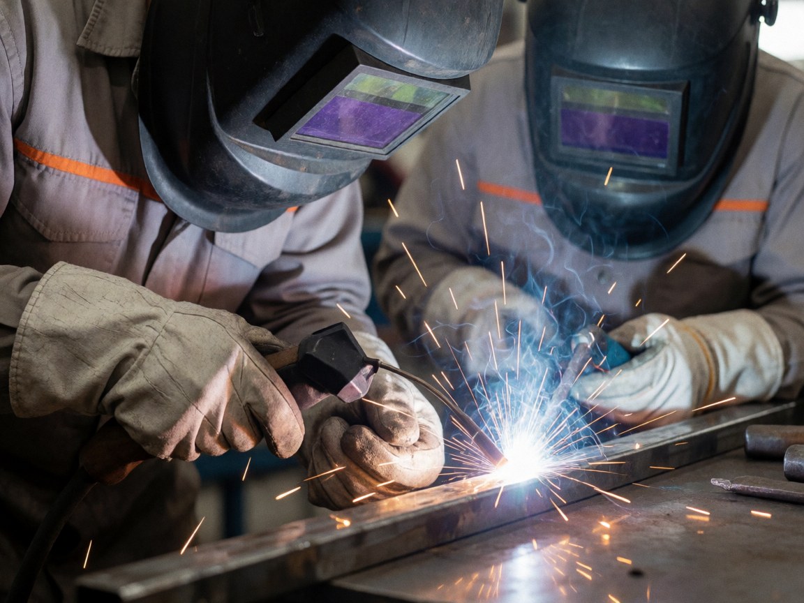 Two welders wearing masks and gloves work in a factory, generating sparks while welding metal. Industrial scene with bright light and visible tools.