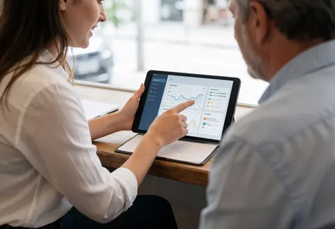 A consultant displays a software dashboard on a tablet to a client seated at a wooden table in a cafe with natural light.