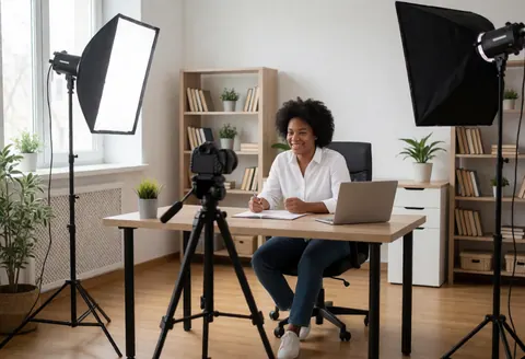 An empty home office setup featuring a desk, laptop, camera on a tripod, and natural lighting, ideal for online course production