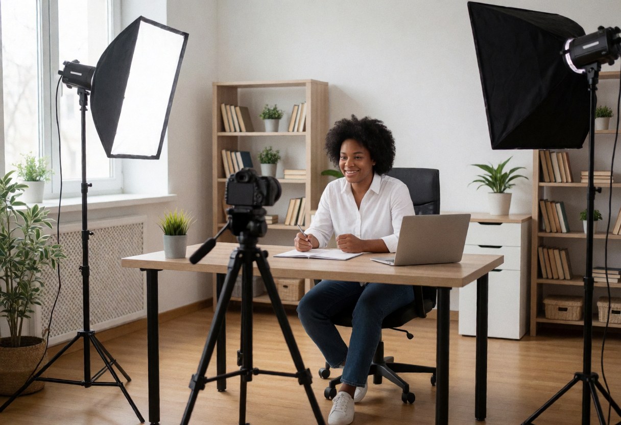 An empty home office setup featuring a desk, laptop, camera on a tripod, and natural lighting, ideal for online course production