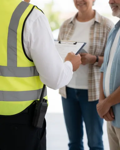 A security guard in uniform patrols a parking lot during the day, holding a clipboard and radio while monitoring the area for safety and control.