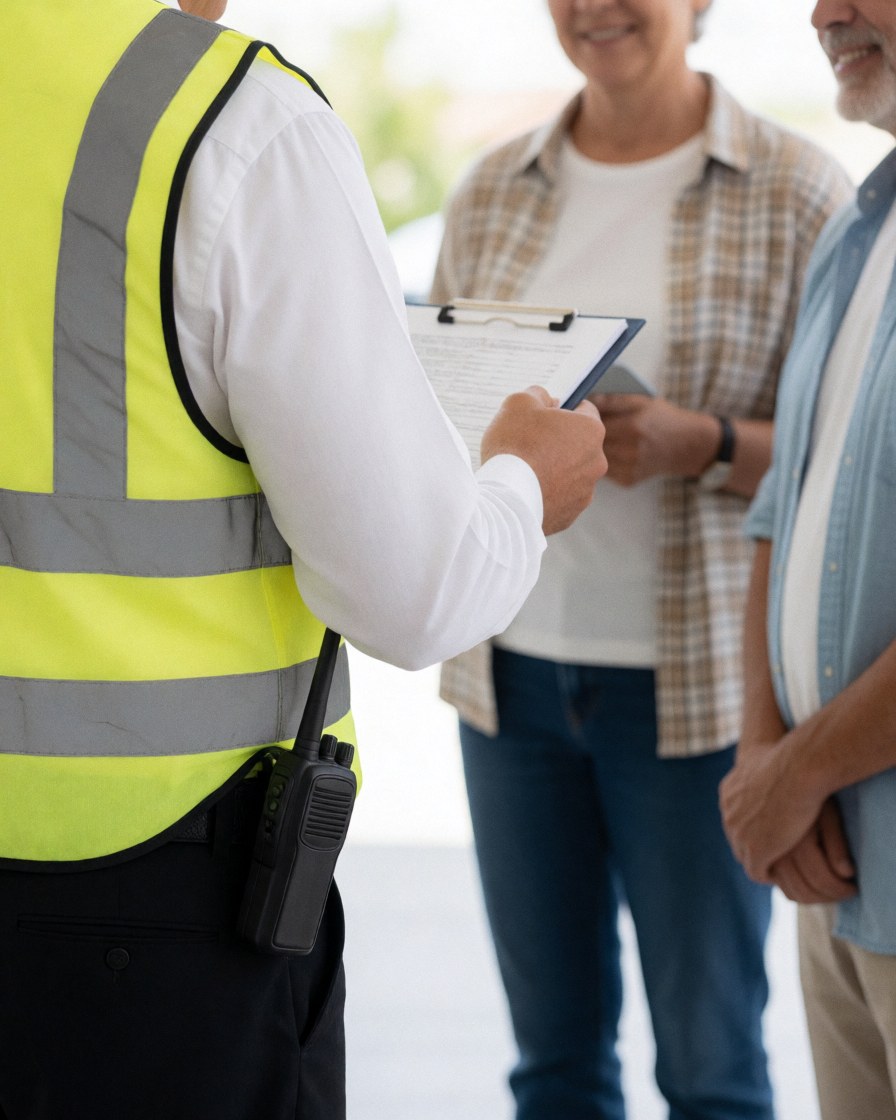 A security guard in uniform patrols a parking lot during the day, holding a clipboard and radio while monitoring the area for safety and control.