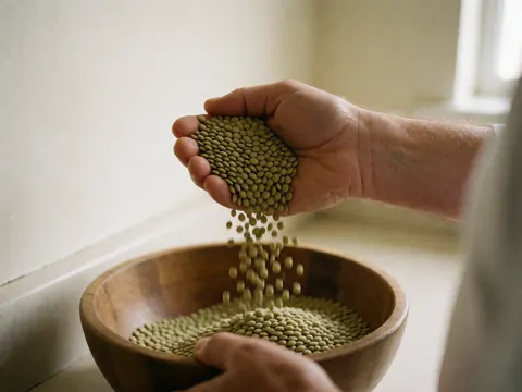 A hand pours green lentils into a wooden bowl in a kitchen with natural light, highlighting healthy food texture and nutrition.